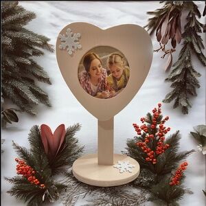 Handmade Heart-Shaped Wooden Photo Frame with Snowflake Accents